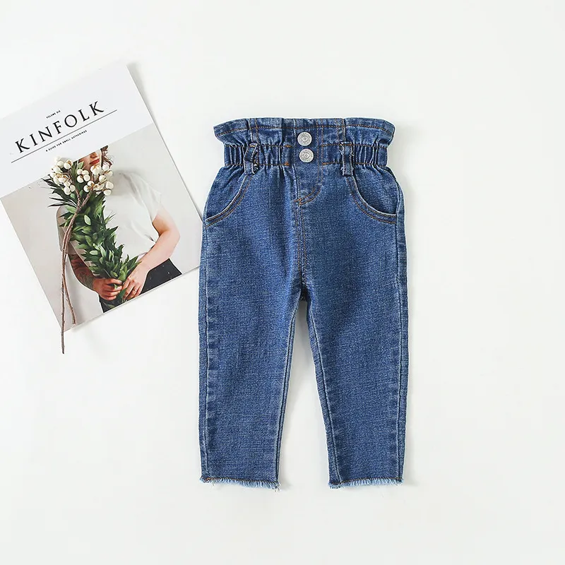 Automne Nouvelle Arrivée coton Solide Couleur all-match décontracté Taille Haute Jeans crayon pantalon pour mignon doux mode bébé filles 210317