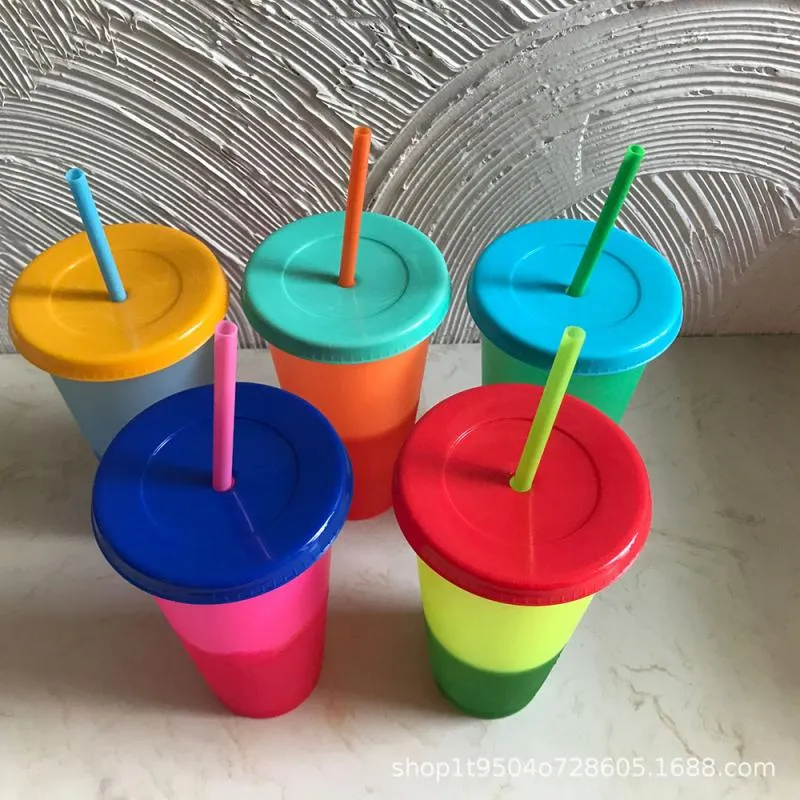 Gobelet magique en plastique réutilisable, gobelet froid à couleur changeante de 710ML, pour jus de fruit, café avec pailles, bouteille d'eau pour boisson 221F