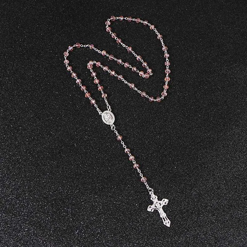 KOMi Rosa Rosenkranz Perlen Kreuz Anhänger Lange Halskette Für Frauen Männer Katholischen Christus Religiöse Jesus Schmuck Geschenk R-233288v