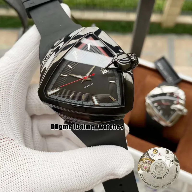 New Ventura H24555331 H24551331 Автоматические мужские часы Стальной корпус Треугольный черный циферблат Черный черный резиновый ремешок Мужская мода Sport243A