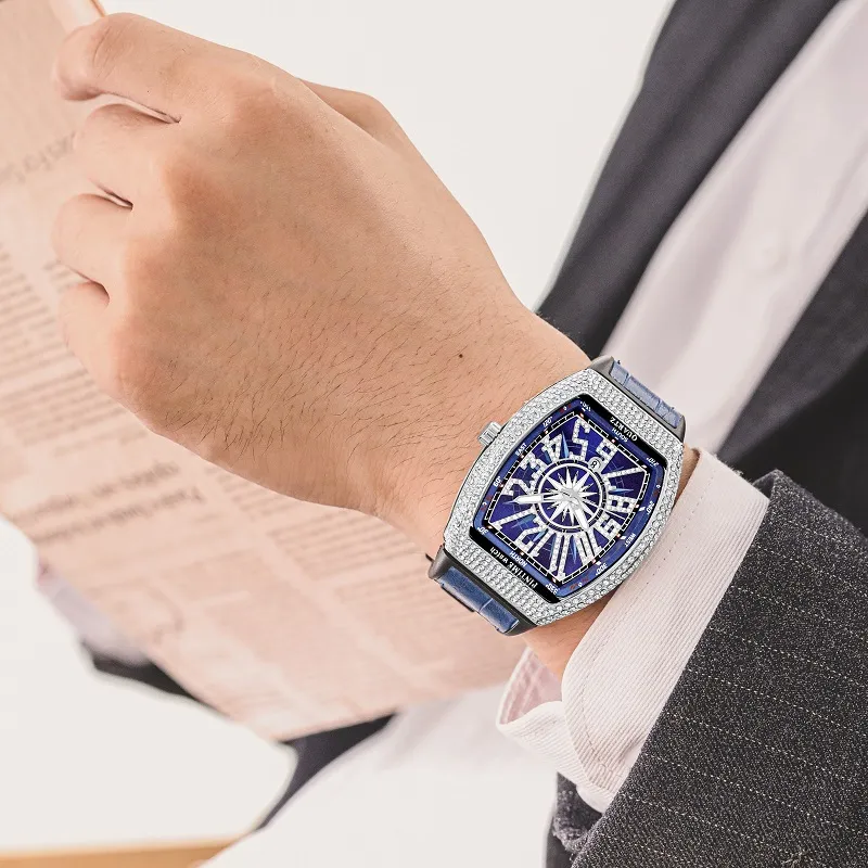 Elegante orologio da polso al quarzo con data di calendario e cinturino in pelle di alligatore con diamanti di design di lusso blu elegante uomo donna2735