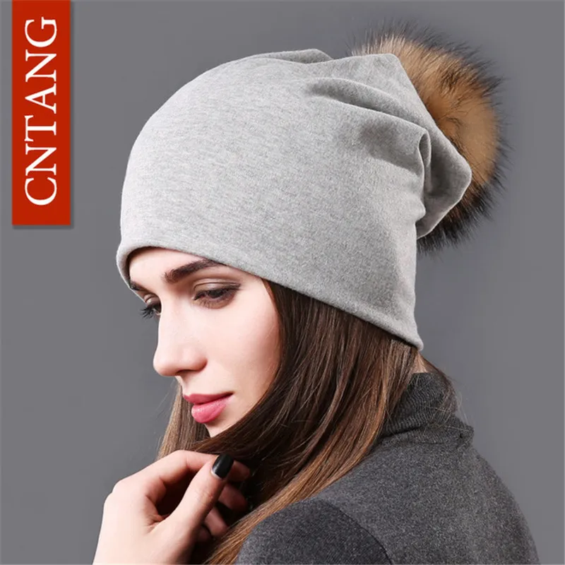 NOUVEAU BEAT'S BEAIE HAT AUTOM RACNOON FUR POMPOM POMPOM SAUCHY COTON BONNÉES POUR FEMME WIINT SKULIESBEANIES AVEC REAL POMPOM BA275S