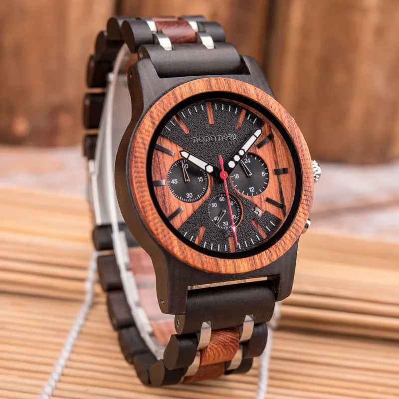 Dodo Deer Men039 orologio in legno Orologi da uomo Clock Business Stop Watch Color opzionale con fascia in acciaio inossidabile in legno C08 OEM7881794