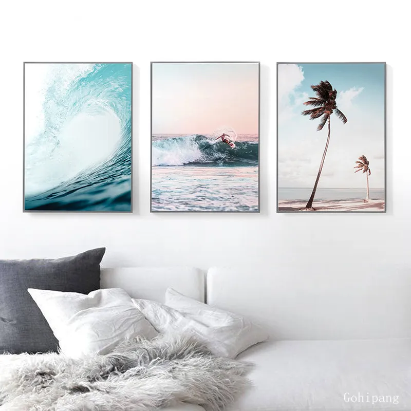 Nordic Landscape Surf Poster Wall Art Aerial Beach Ocean Wave Prints Palm Tree Canvas Painting Wall Picture for Living Room