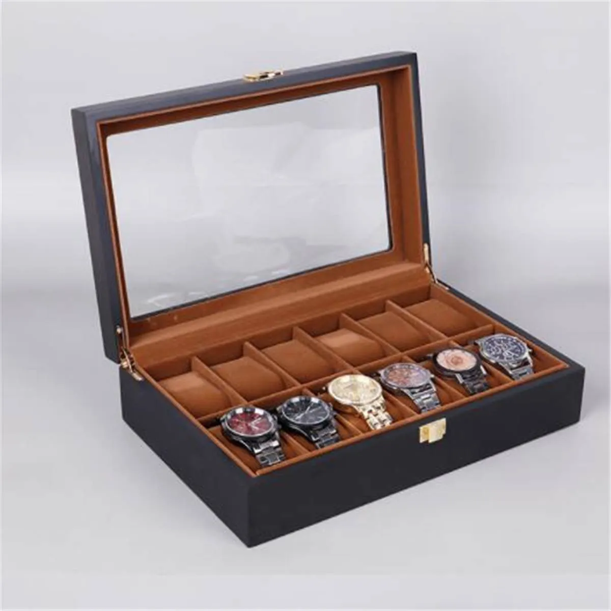 6 10 12 Gitter Uhrenbox Holz Glas Box Brillenetui Aufbewahrungsorganisator Luxus Schmuck Display Multifunktionsbox Uhr Schwarz CX2008175o