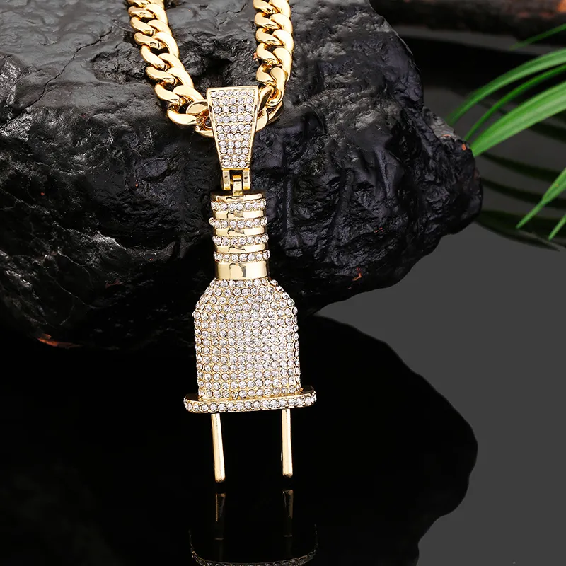 Mode Bling Bling Elektrische Stecker Form Iced Out Anhänger Halsketten Charme Ketten Gold Silber Farbe Männer Frauen Hip Hop Schmuck254T