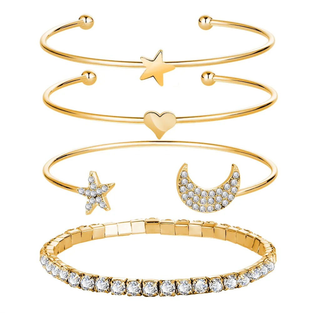 Bracciale da donna stile bohémien Bracciale rigido con catena aperta con stella luna e cristallo di diamanti Bracciale rigido 4 pezzi