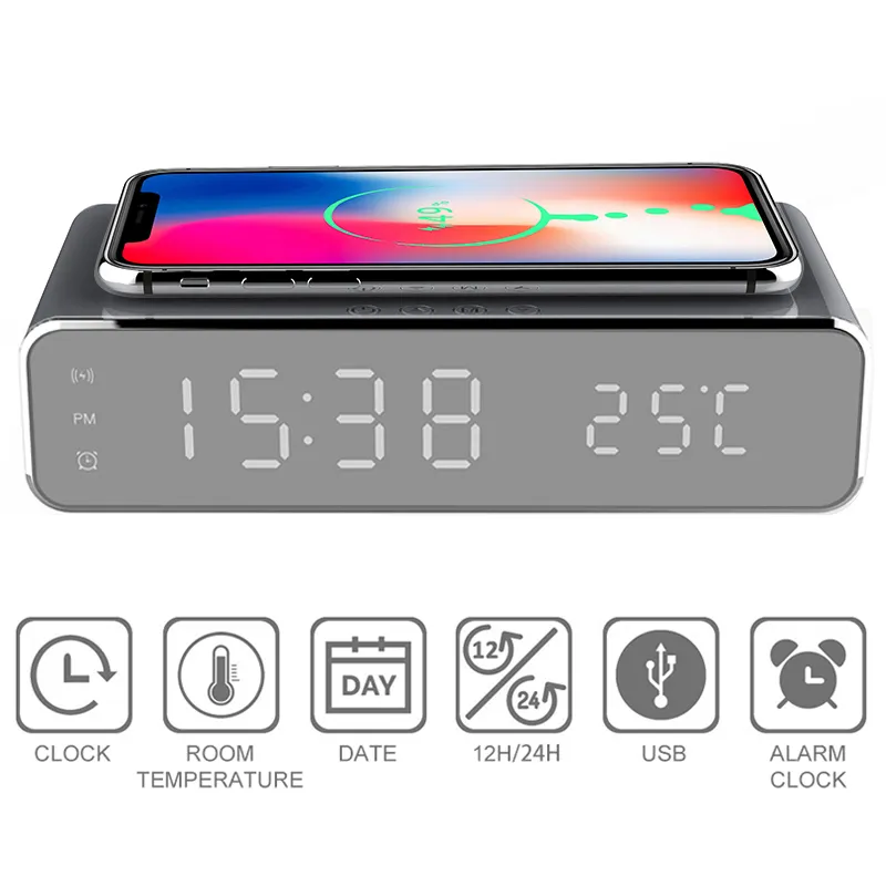 LED Electric Alarm Clock With Phone Charger Wireless Desktop Digital Thermometer Clock HD Clock Mirror With Time Memory LJ2008275528728
