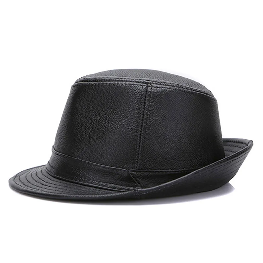 Fashion Men 100 Genuine Leather Fedora Trilby Hat Gentleman Jazz Cap Gangster Casual Hats1747811