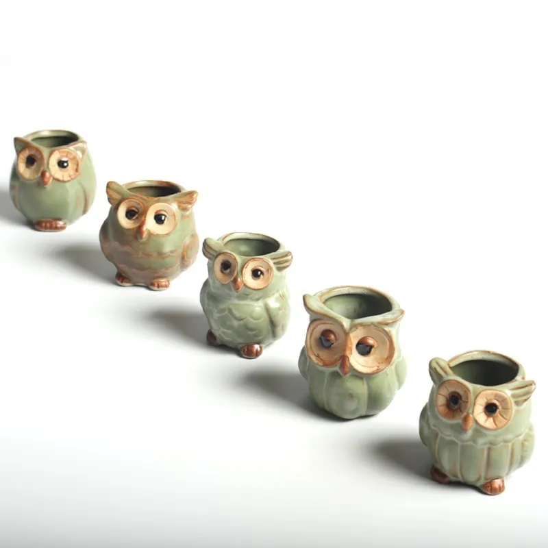 Set Creative Ceramic Owl Shape Flower Pots Planter Desk Cute Design Succulent Y200723317H