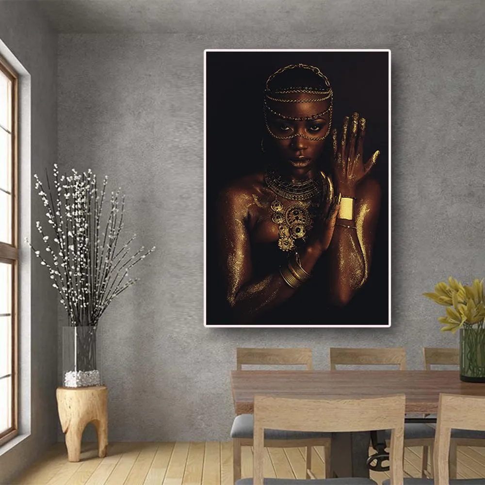 Preto e dourado nu mulher africana com colar pintura em tela cartazes e impressão escandinavo arte de parede imagem para sala de estar6903830