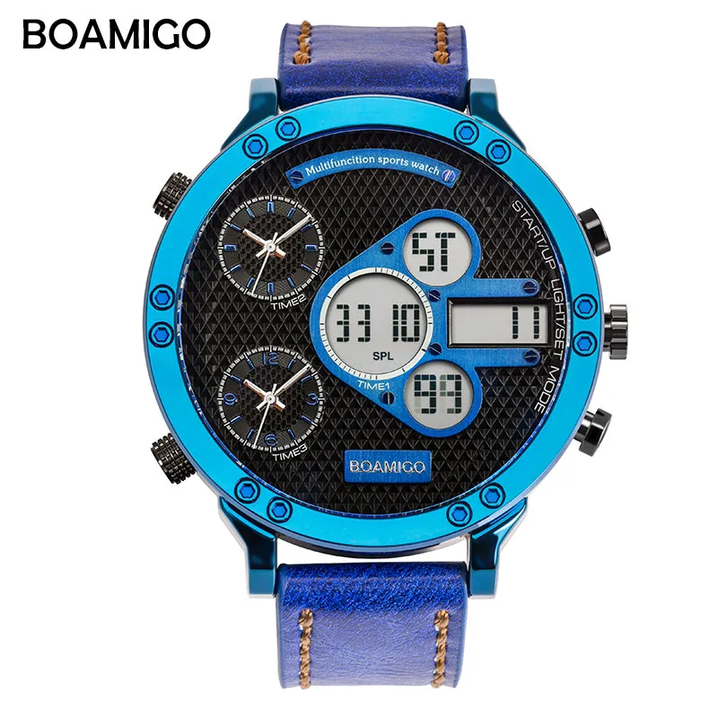 BOAMIGO Heren Horloges Top Mannen Sport Horloges Quartz LED Digitale 3 Klok Mannelijke Blauw Horloge relogio masculino2888