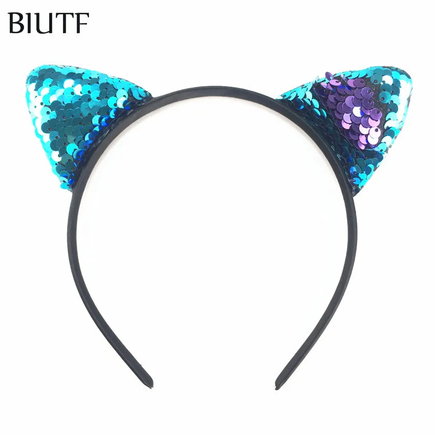 / bandeau en plastique avec 2 4 '' réversible paillettes broderie oreille chat mode bandeau cheveux arc accessoires HB068 C3022