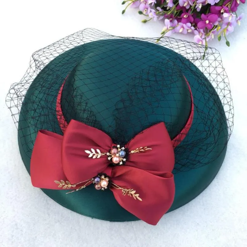 Stora breda grimkvinnor Winter Hat 2023 Green Fedora Hats Veil Felt Cap Ladies Bow Cloche Caps Wedding Female M157309C