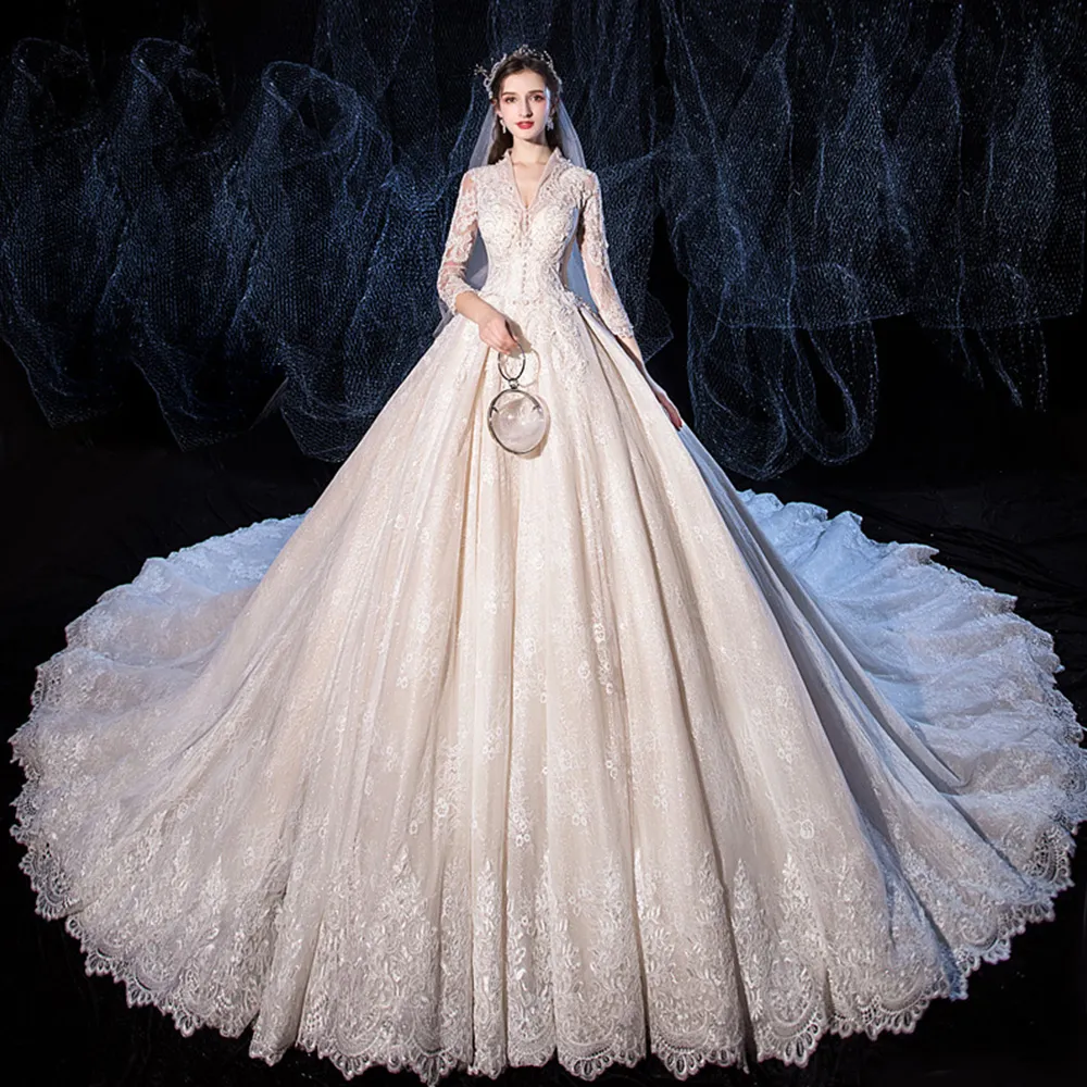 Graceful Lace Ball Gown Wedding Dresses Scoop Neck Beaded Long Sleeves  Bridal Gowns Sequined Organza Sweep Train robes de mariée - AliExpress
