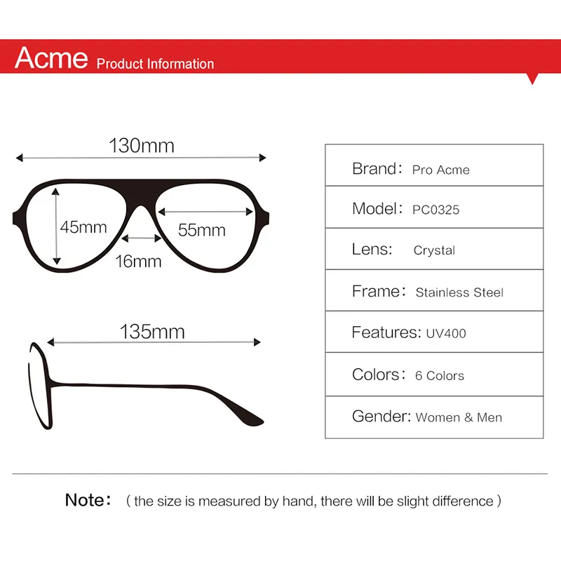 Pro Acme Brand Classic Pilot Giplots for Men Women Frame Metal Frame 100 Real Glass Lens 55mm PA0325 CL2009202125563