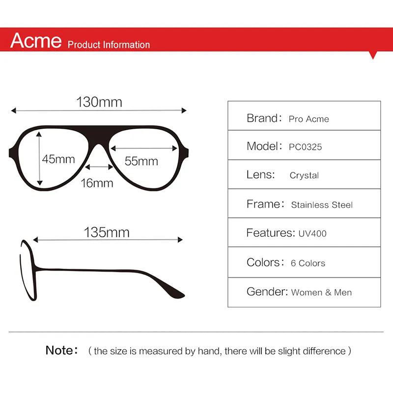 Pro Acme Brand Classic Pilot Solglasögon för män Kvinnor Metal Frame 100 Real Glass Lens 55mm PA0325 CL2009203190864