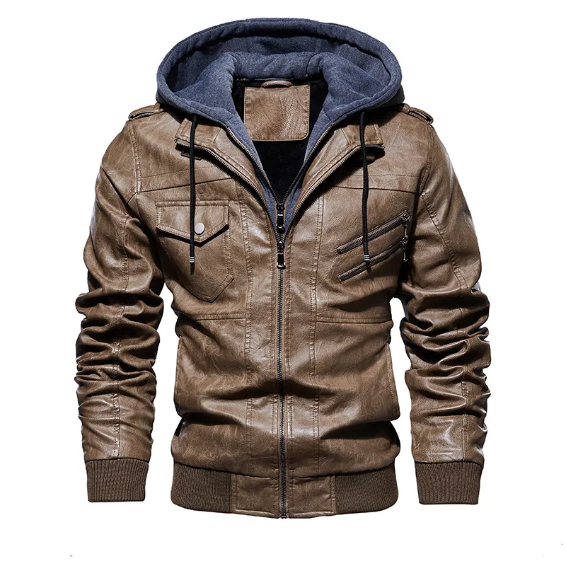 Veste en cuir pour hommes 2020 Nouvelles vestes de bombardier de moto hommes hiver chaud manteau en cuir PU avec capuche amovible vestes d'extérieur hommes CX200817