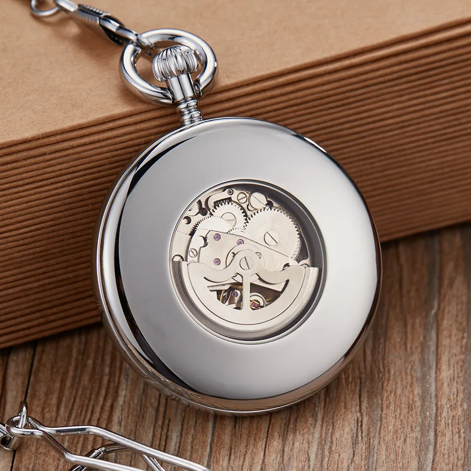 Retro Silver Gold Automatic Mechanical Pocket Watch Men Women Luxury Copper Watches Skeleton Steampunk FOB Watch Chain Pendants CX316b