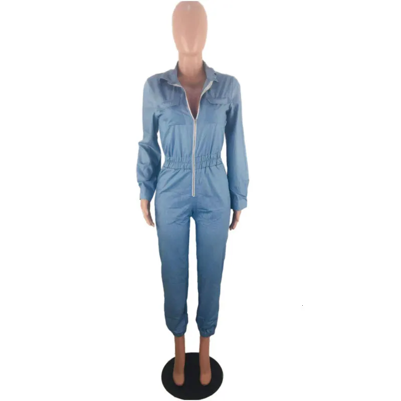 Denim Rompers Womens Zipper Fly Jumpsuit Autumn Winter One Piece Outfits Jeans Overalls Night Club Party Long Sleeve Jumpsuits T200808