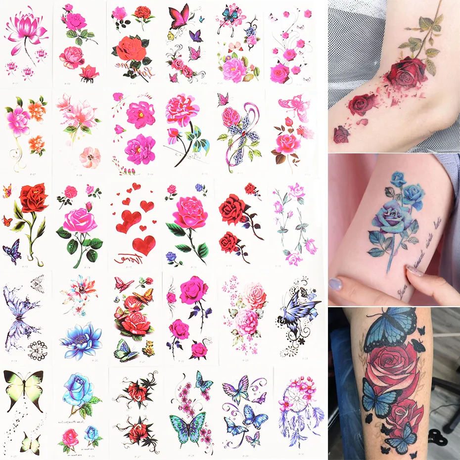 Autocollants de tatouage à transfert d'eau de fleur de Rose, de 30 pièces, papillon pour femmes, corps, bras, fausses manches, décorations artistiques temporaires, 1211979