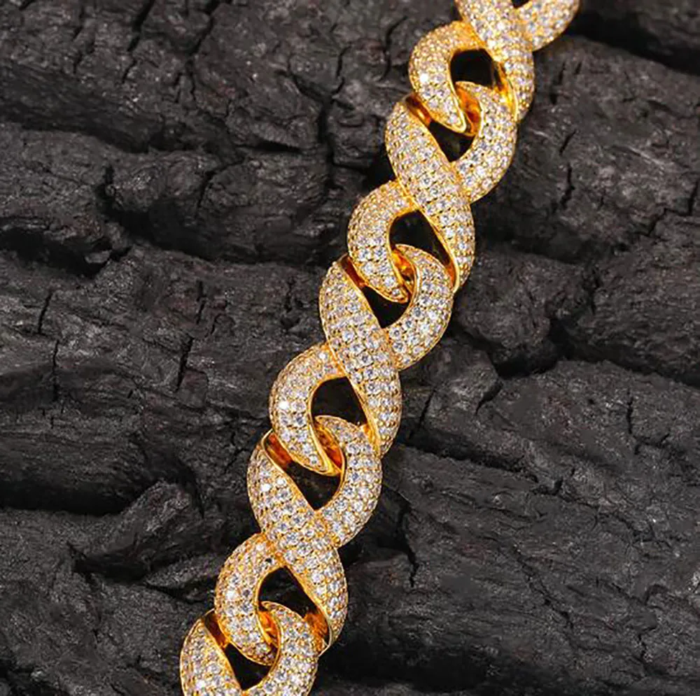 Gold de 15 mm Infinity Link Cadena Collar Collar Pave Pave Cubic Zirconia Joya Cuba Choker 16 pulgada-24 pulgadas275z