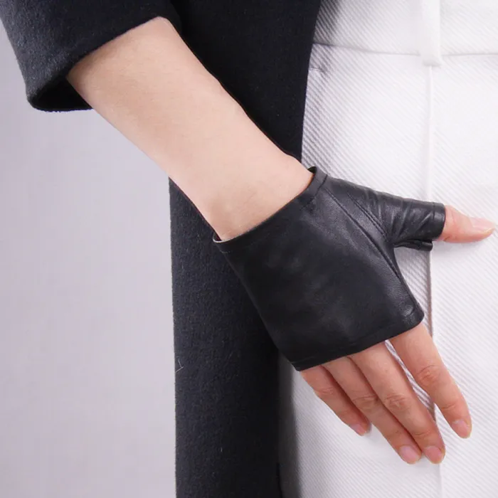 Mode halvfinger kvinnor fårskinn handskar äkta läder kör handskar kvinnor solida svart fingerlösa vantar1260a