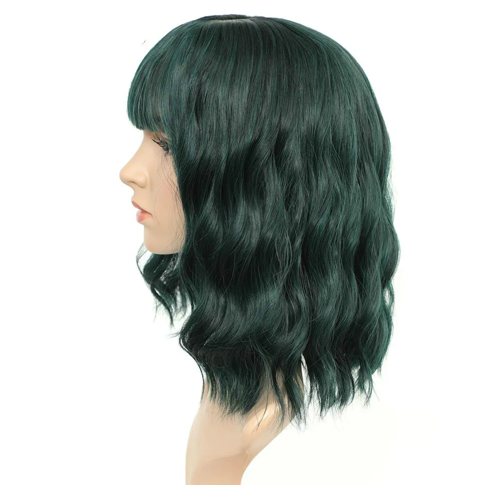 Perruque de cheveux humains verts Lolita cheveux courts et frange Cosplay vague d'eau perruque synthétique avant dentelle perruque de cheveux humains
