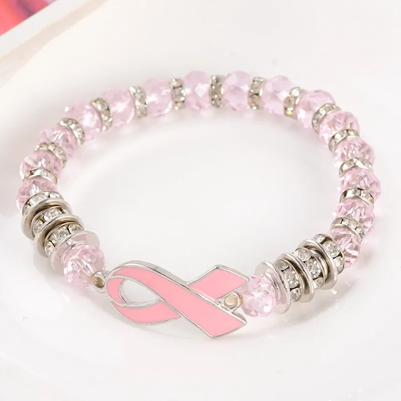 Bracelets de perles de sensibilisation au Cancer du sein, ruban rose, dôme en verre, boutons cabochons, bijoux à breloques, cadeaux pour filles et femmes, 269G