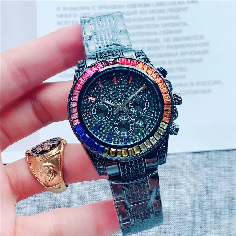 Montres de marque de mode hommes femmes Style cristal coloré bracelet en acier inoxydable calendrier Date montre-bracelet à Quartz X97228I