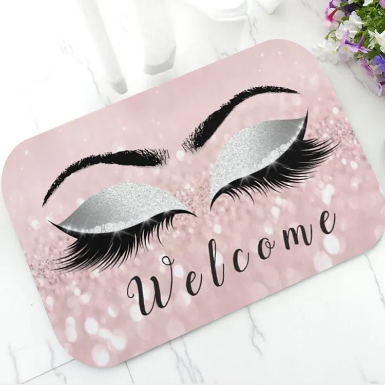 Alfombra de puerta de bienvenida con purpurina dorada rosa a la moda, felpudo de goma con maquillaje brillante, alfombra elegante para decoración de estudio de belleza para el hogar Y2261D