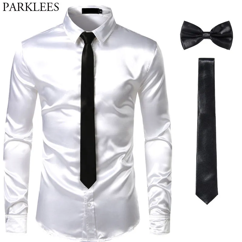 Black Mens Silk Dress Shirts -Shirt Tie Bowtie Smooth Satin Shirt Men Slim Fit Party Prom Casual Shirts Men Social Camisa 202611