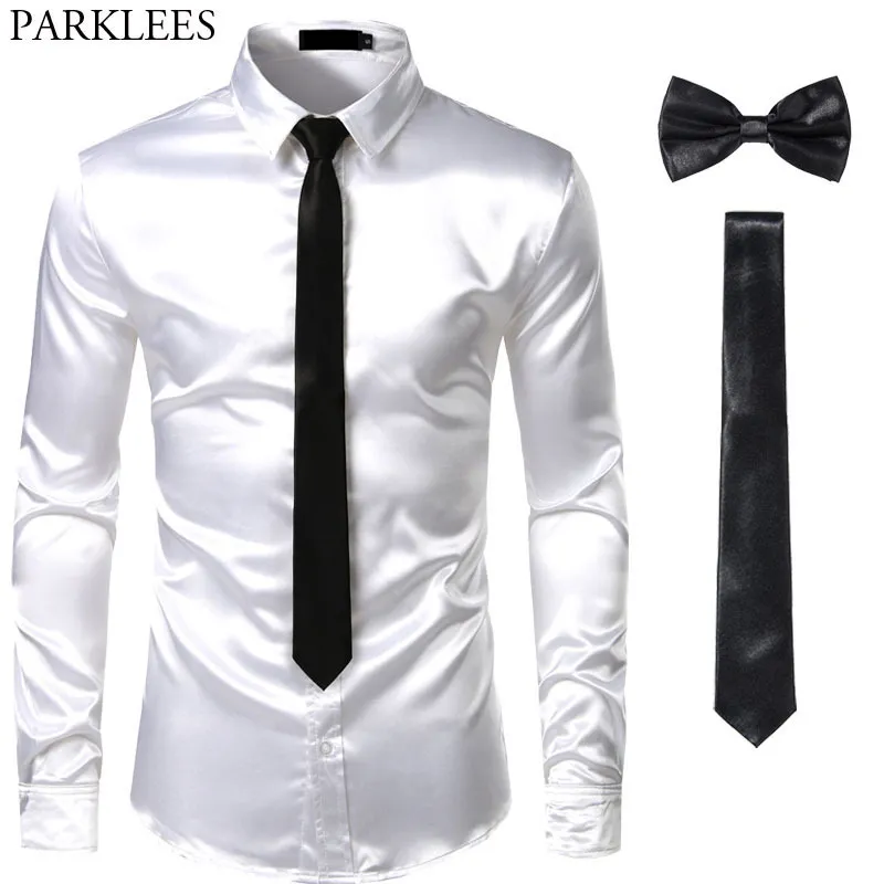 Camisas de seda de seda masculina preta shirt tiebowtie camisa de cetim lisa homens magros baest de festas casuais homens sociais camisa 205700315