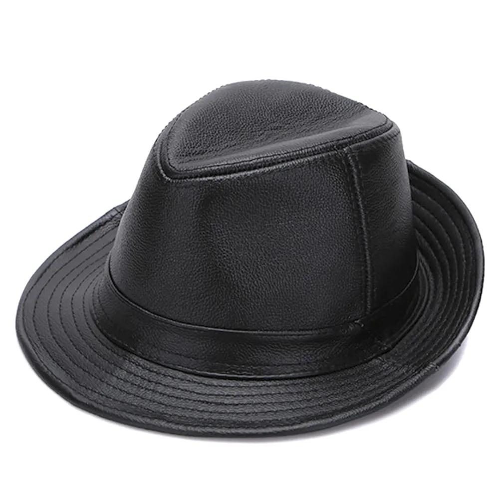 Fashion Men 100 Genuine Leather Fedora Trilby Hat Gentleman Jazz Cap Gangster Casual Hats1747811