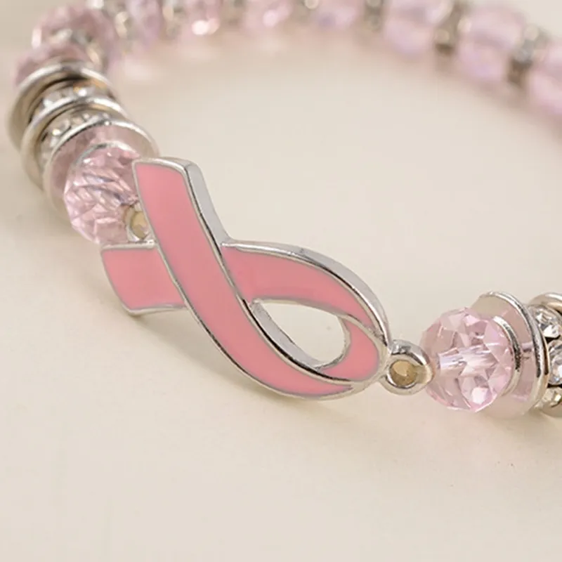 Bracelets de perles de sensibilisation au Cancer du sein, ruban rose, dôme en verre, boutons cabochons, bijoux à breloques, cadeaux pour filles et femmes, 269G