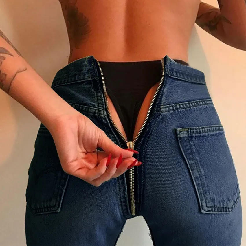 2020 New Sexy Back Zipper Long Jeans Women Basic Classic High Waist Skinny Pencil Light Blue Denim Pants Elastic Stretch Jeans CX200815