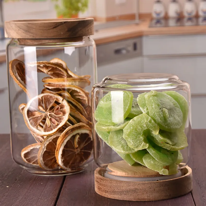 Wood Lid Glass Kitchen Storage Bottles Jars Airtight Canister Container Grains Coffee Beans Grains Candy Jar Boxes272j