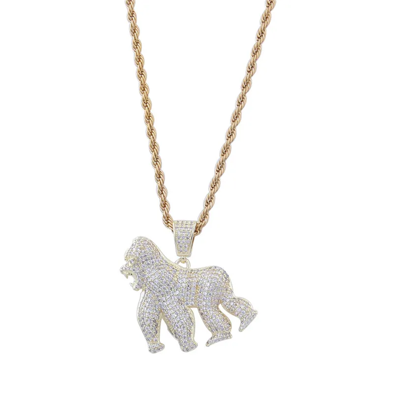 Модные подвески в виде прогулочной гориллы Iced Out Bling CZ Stone Animal Ожерелья для мужчин Рэпер Хип-Хоп Jewelry237f