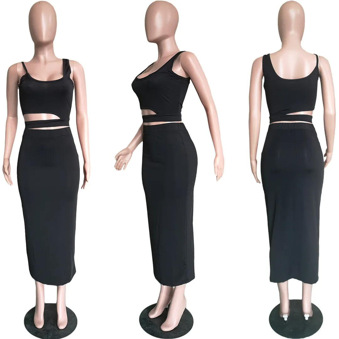 Kvinnor klär sexig utskärning kjol designer fast färg 2 styck uppsättningar klubb ärmlösa shorts täta modeklänningar avslappnade kostymer