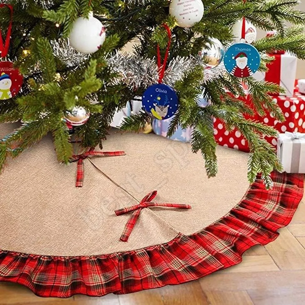 クリスマスツリーのスカートちょう結びパッチワーク装飾のパッチ装飾的な家庭編家パッド赤い格子リネン飾り祭りのクリスマスの装飾