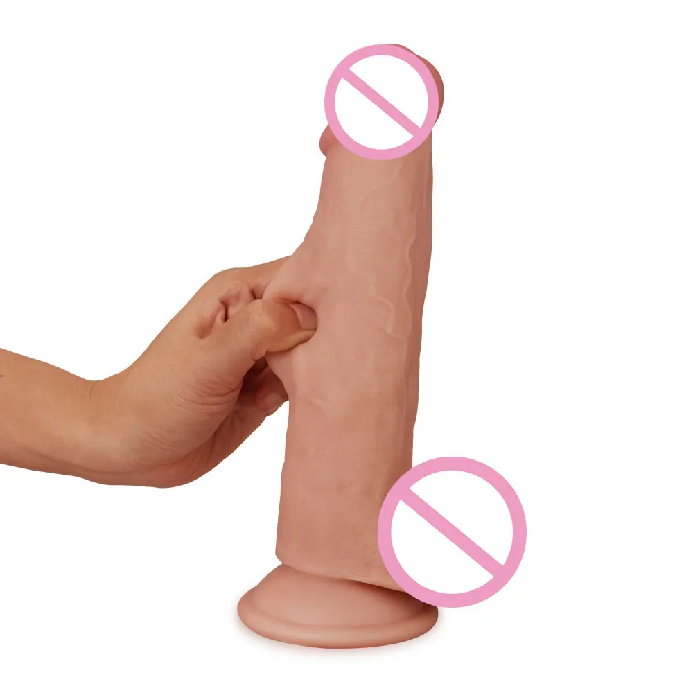 Sliding-Hud Dual Layer Stor realistisk Dildo med sugkopp Flesh Dildos för Kvinnor Lesbisk Onani Analsexleksaker T200819