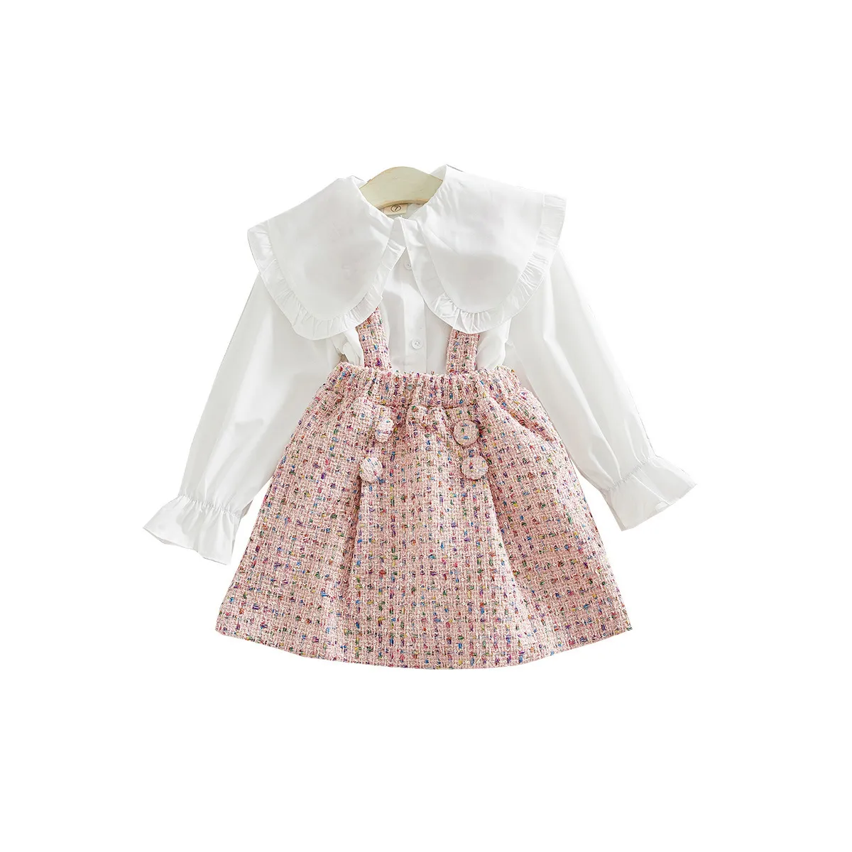 Moda dziewczęta Ubrania Ubrania białej bluzki i różowa ogólna spódnica maluch dziewczyna 039s jesienne stroje słodkie dla dzieci odzież 1311051