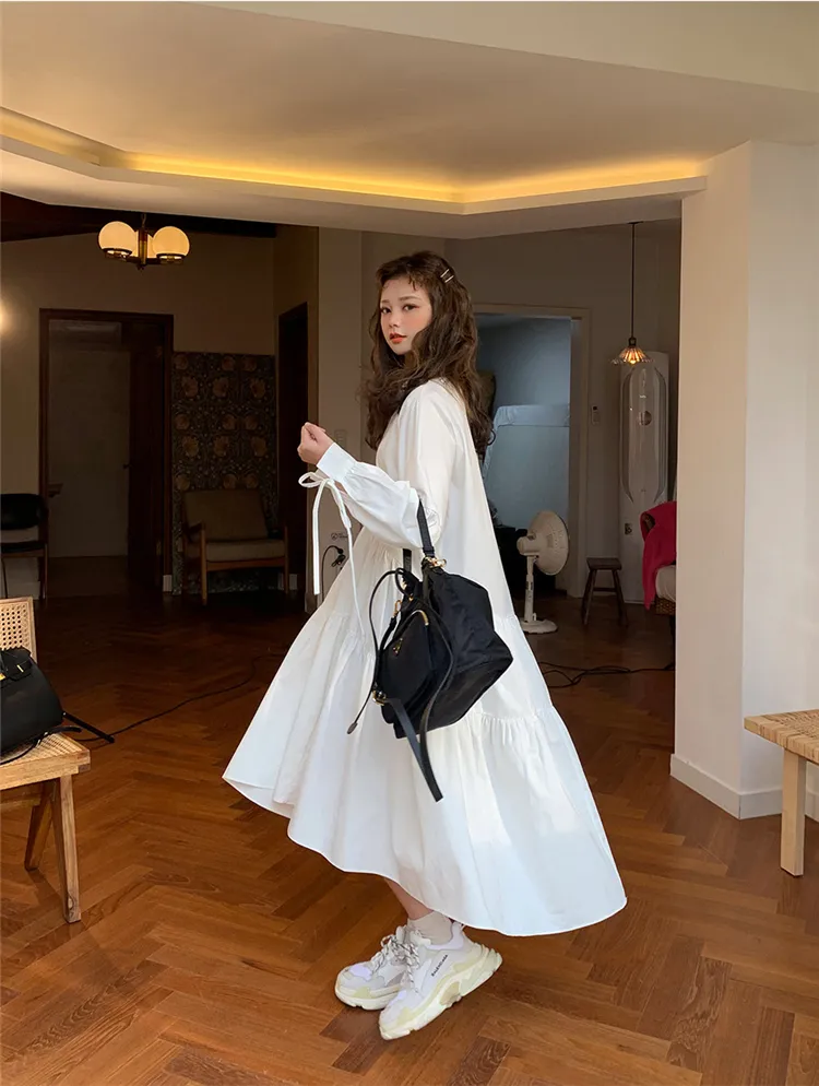 Women Dress Long Sleeve Spring Autumn Vintage Designer Collar Lapel Button Up Ruched Ruffles Loose White Dress Female Clothes 200928