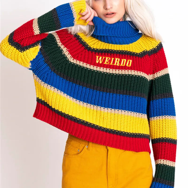 Harjuku kontrastowe paski z golfem sweter z dzianiny sweter z golfem z haftem WEIRDO oversize top dla kobiet / CX200808