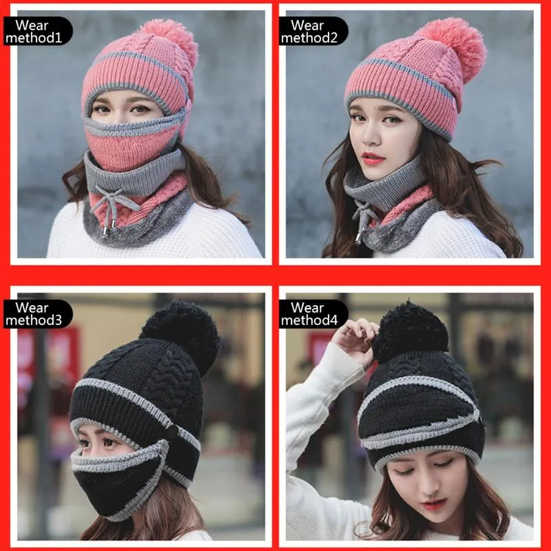 Czapki czaszki czapki 2021 Kobiet szalika Zestawy zimowe czapka maska ​​obroża Ochrona Dziewczęta Zimna pogoda