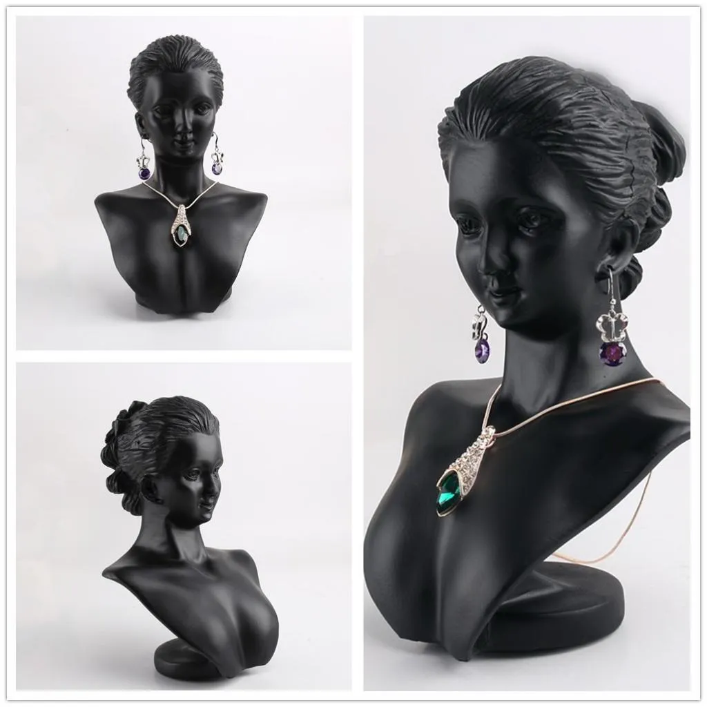 Boutique Counter Black Resin Lady Figur Skyltdocka Display Bystställ Smyckesställ för halsband Hänge örhängen MX200810