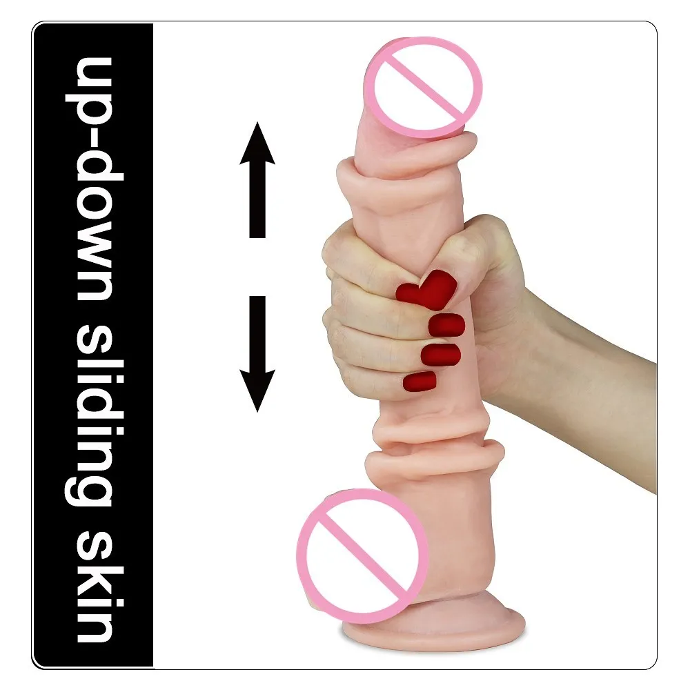 Sliding-Skin double couche énorme gode réaliste avec ventouse godes de chair pour les femmes lesbiennes Masturbation Anal Sex Toys T200819