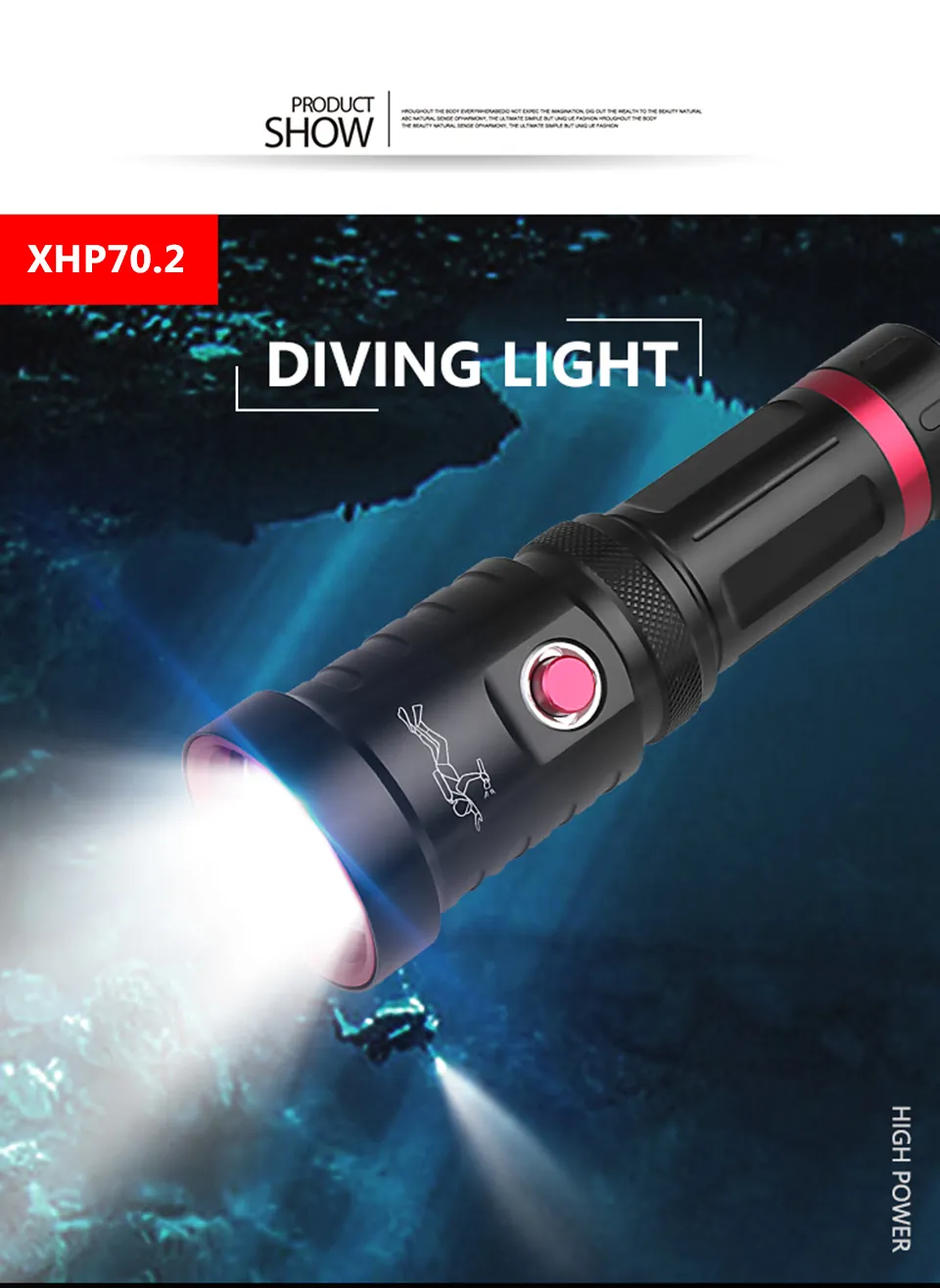 XHP70 2 غطس الصف العسكري LED Torch Torch Torch مقاوم للماء تحت الماء 100 متر الطاقة 26650 أو 18650 مصابيح البطارية فانوس Litwod282n