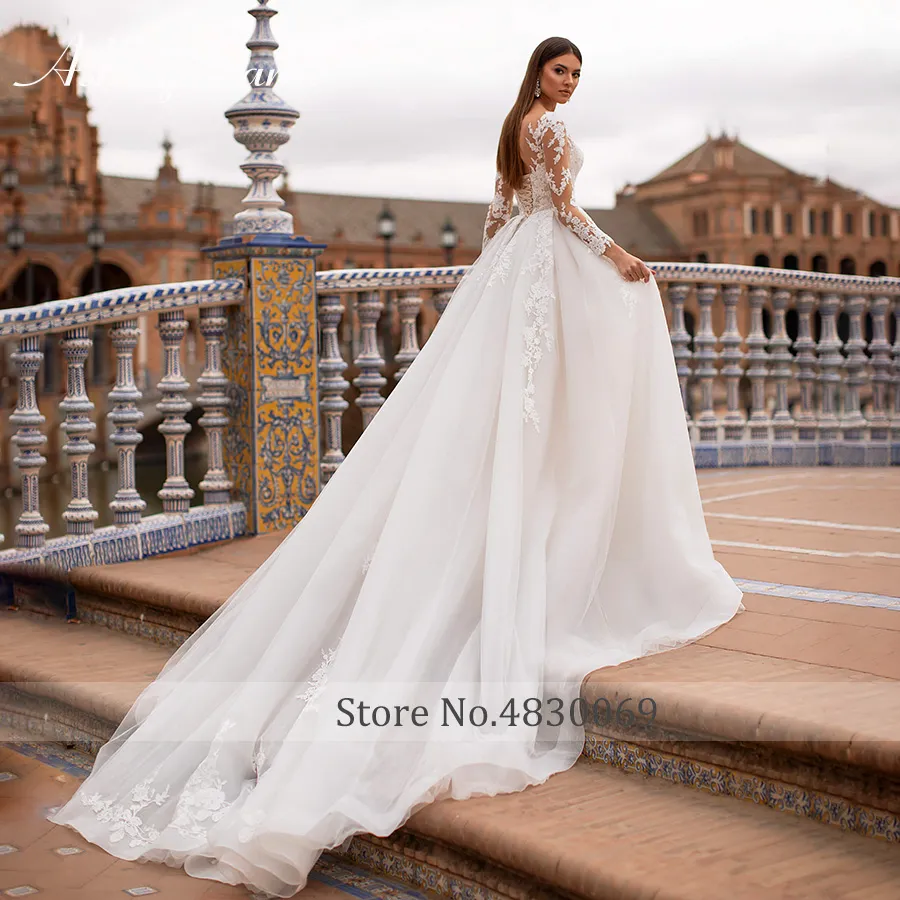 Ashley Carol Langarm-Hochzeitskleid 2020 Illusion U-Ausschnitt Applikationen Schnürung A-Linie Brautkleider Vestido De Noiva De Princesa