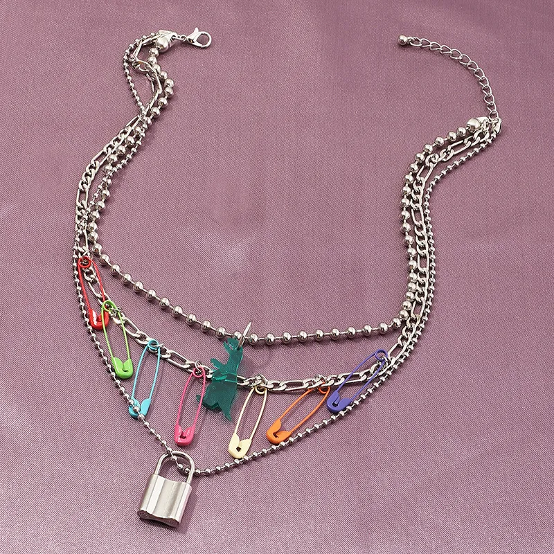 Nouvelle mode personnalité Colorflu broche collier clavicule chaîne multicouche femmes ronde perle serrure pendentif collier 7229130
